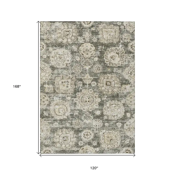 10' X 14' Taupe Beige And Gray Floral Washable Indoor Outdoor Area Rug