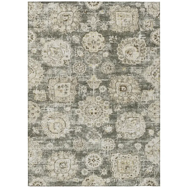 10' X 14' Taupe Beige And Gray Floral Washable Indoor Outdoor Area Rug