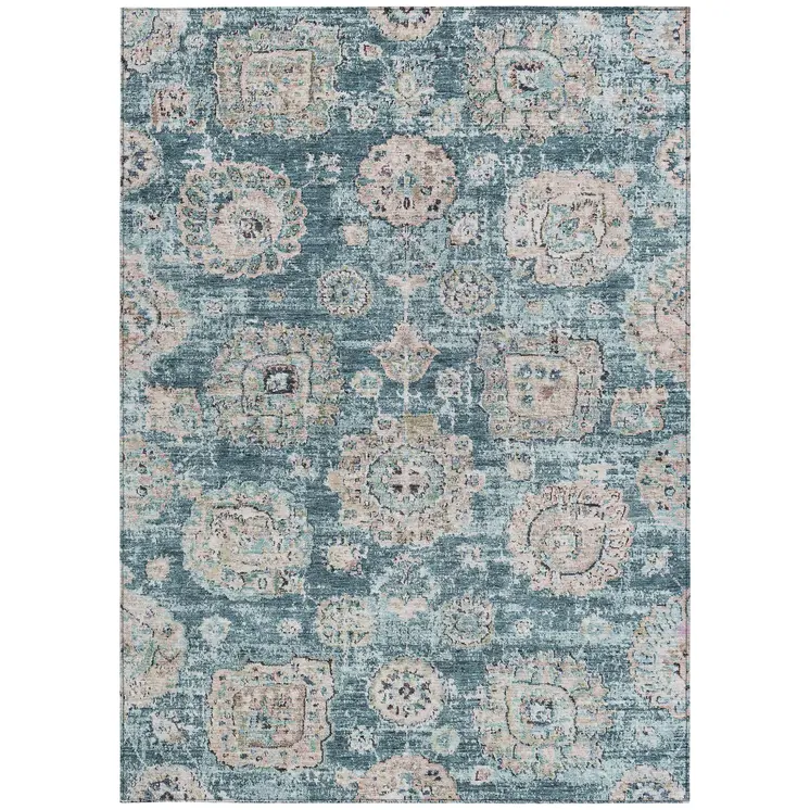 3' X 5' Teal Blue And Sky Blue Floral Washable Indoor Outdoor Area Rug