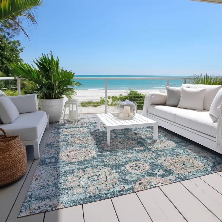 3' X 5' Teal Blue And Sky Blue Floral Washable Indoor Outdoor Area Rug