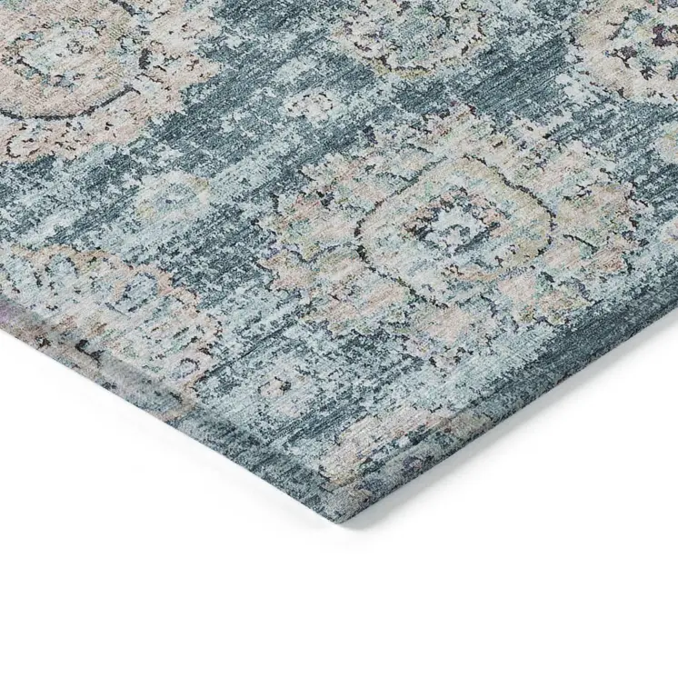 3' X 5' Teal Blue And Sky Blue Floral Washable Indoor Outdoor Area Rug