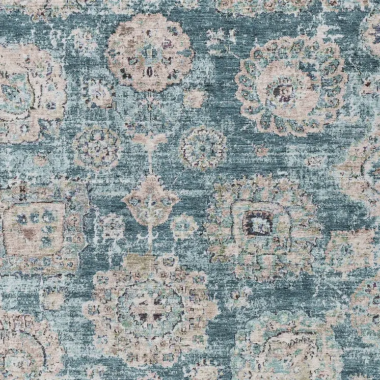 3' X 5' Teal Blue And Sky Blue Floral Washable Indoor Outdoor Area Rug