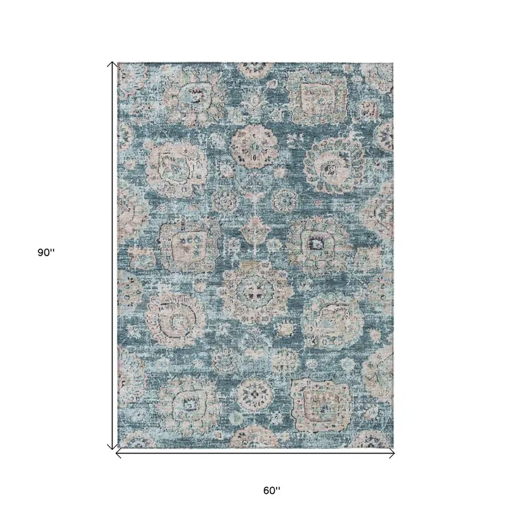 5' X 8' Teal Blue And Sky Blue Floral Washable Indoor Outdoor Area Rug
