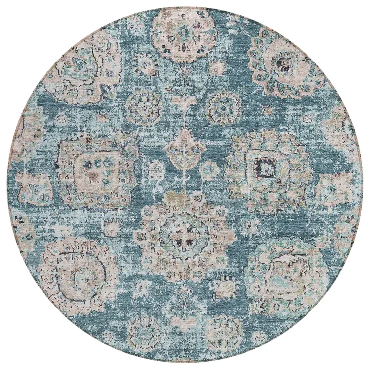 8' Teal Blue And Sky Blue Round Floral Washable Indoor Outdoor Area Rug