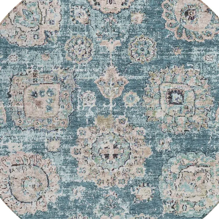 8' Teal Blue And Sky Blue Round Floral Washable Indoor Outdoor Area Rug