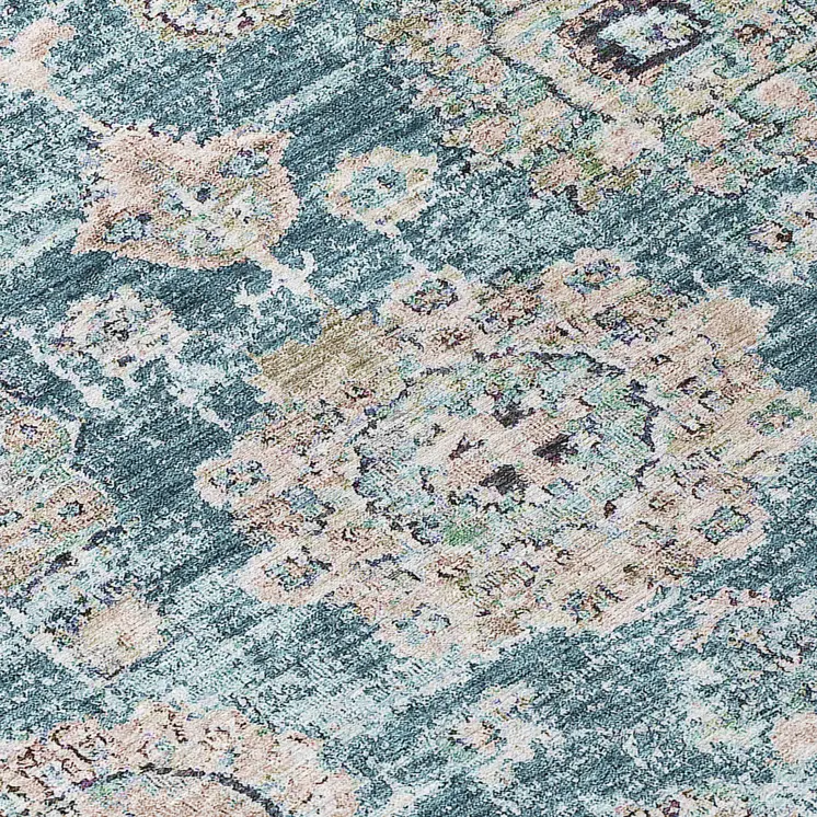 8' Teal Blue And Sky Blue Round Floral Washable Indoor Outdoor Area Rug