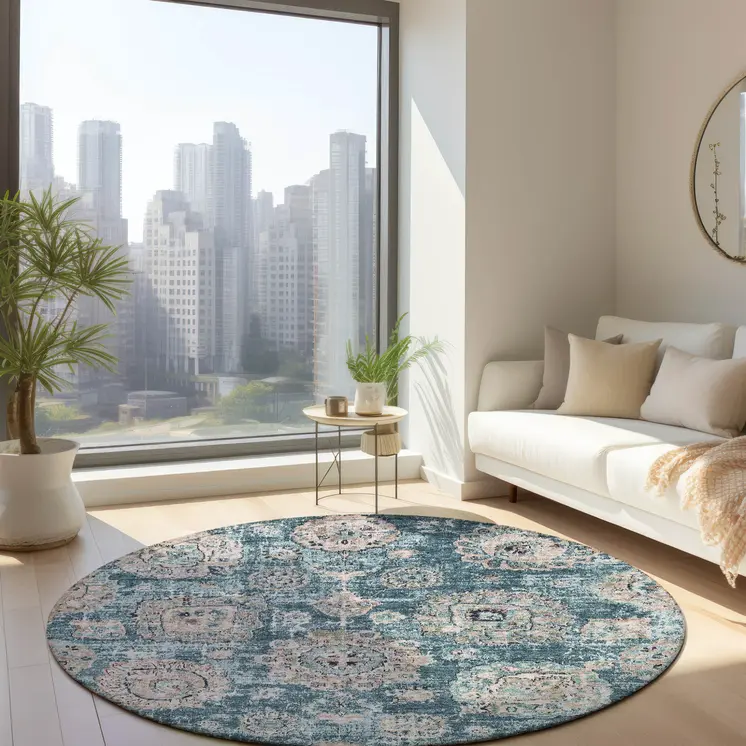 8' Teal Blue And Sky Blue Round Floral Washable Indoor Outdoor Area Rug