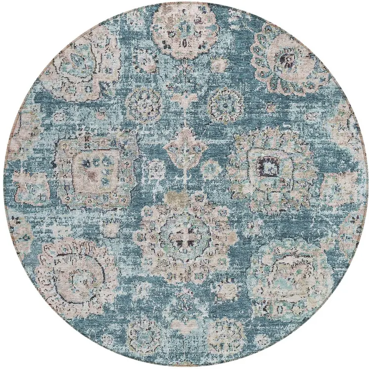 8' Teal Blue And Sky Blue Round Floral Washable Indoor Outdoor Area Rug