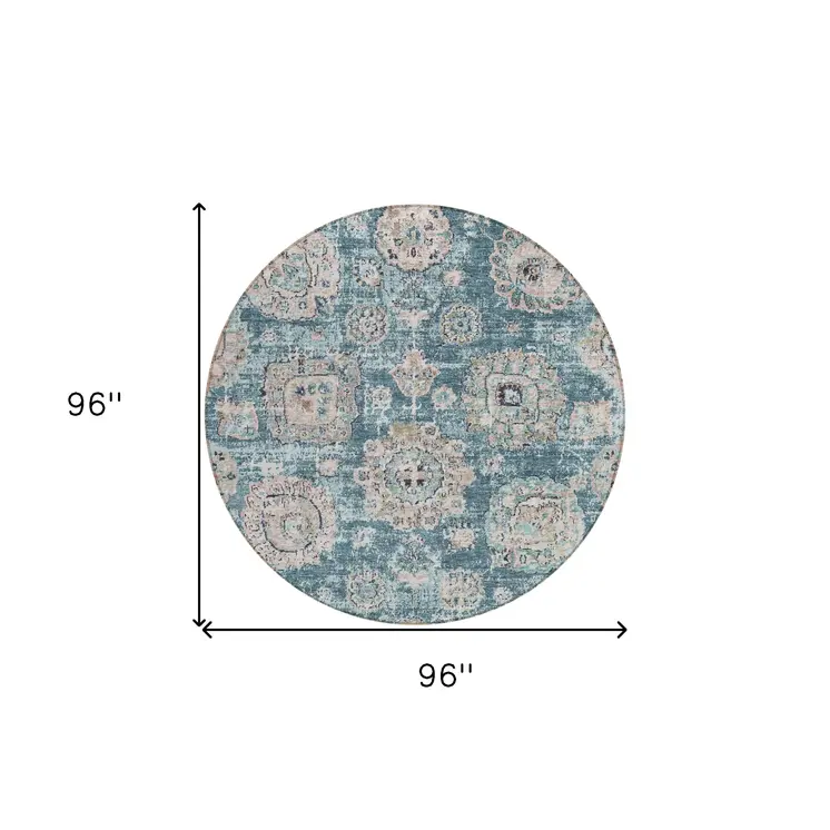 8' Teal Blue And Sky Blue Round Floral Washable Indoor Outdoor Area Rug