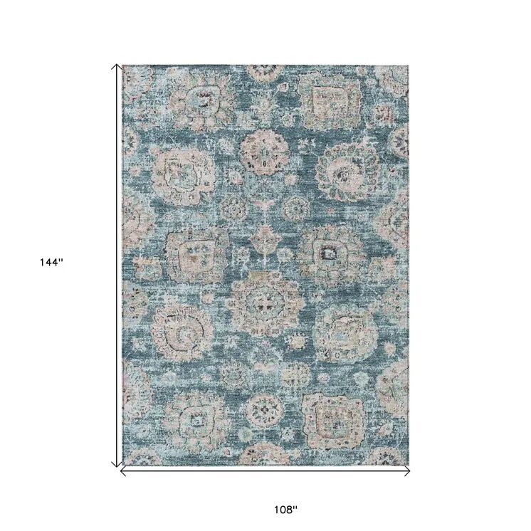 9' X 12' Teal Blue And Sky Blue Floral Washable Indoor Outdoor Area Rug
