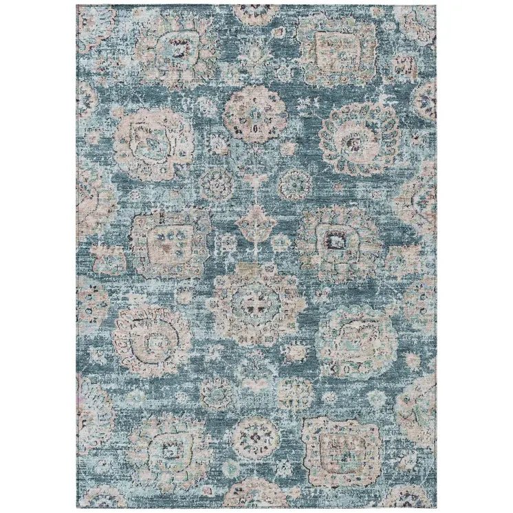 9' X 12' Teal Blue And Sky Blue Floral Washable Indoor Outdoor Area Rug