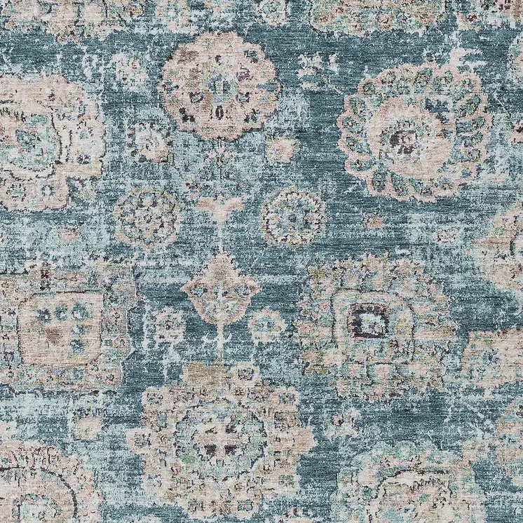 9' X 12' Teal Blue And Sky Blue Floral Washable Indoor Outdoor Area Rug
