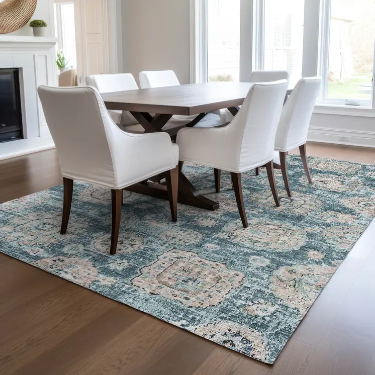 9' X 12' Teal Blue And Sky Blue Floral Washable Indoor Outdoor Area Rug