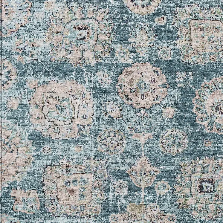 10' X 14' Teal Blue And Sky Blue Floral Washable Indoor Outdoor Area Rug