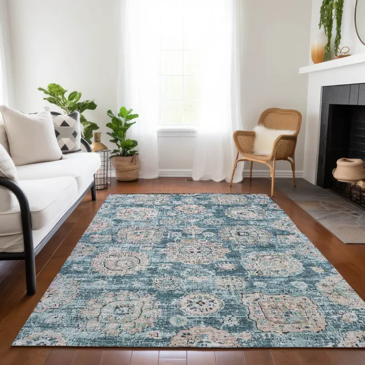 10' X 14' Teal Blue And Sky Blue Floral Washable Indoor Outdoor Area Rug