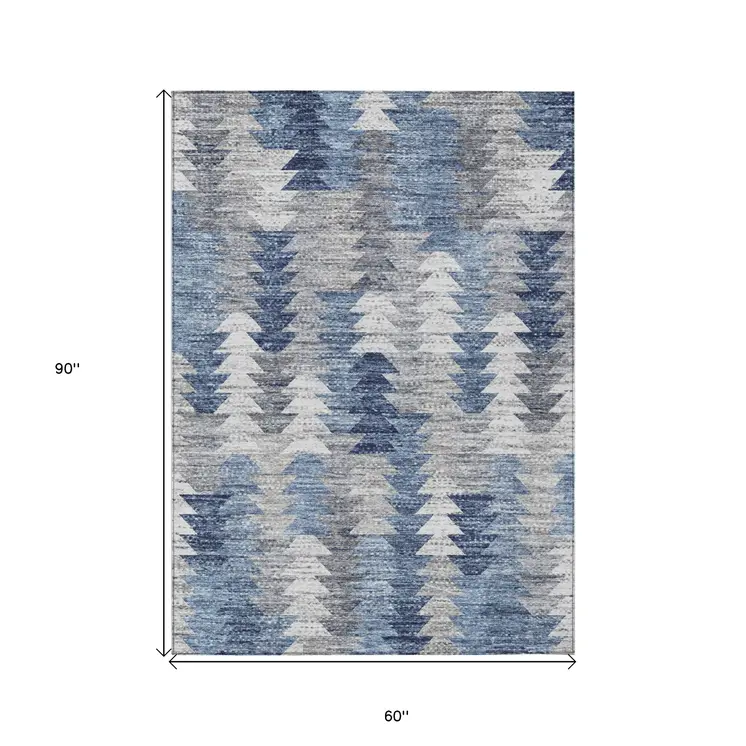 5' X 8' Navy Blue And Sky Blue Geometric Washable Indoor Outdoor Area Rug