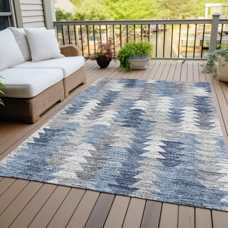 5' X 8' Navy Blue And Sky Blue Geometric Washable Indoor Outdoor Area Rug