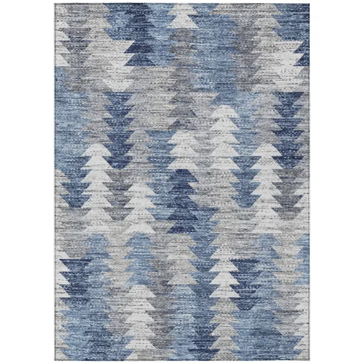 5' X 8' Navy Blue And Sky Blue Geometric Washable Indoor Outdoor Area Rug