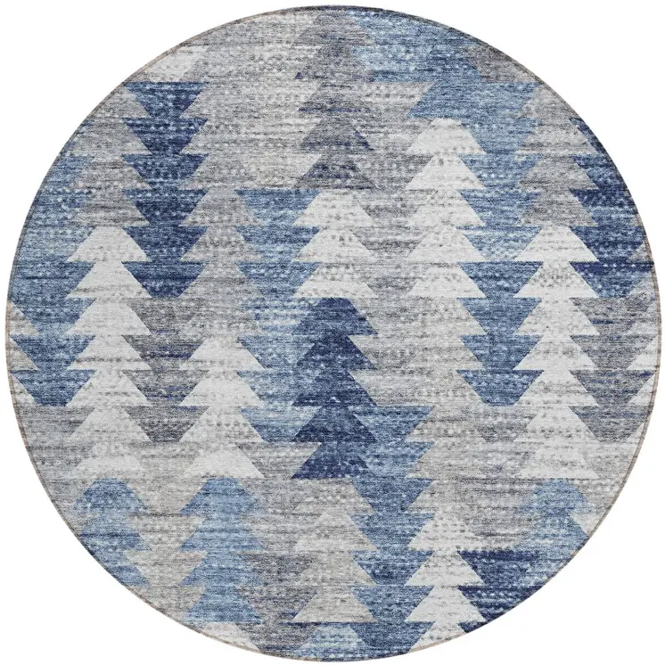 8' Navy Blue And Sky Blue Round Geometric Washable Indoor Outdoor Area Rug