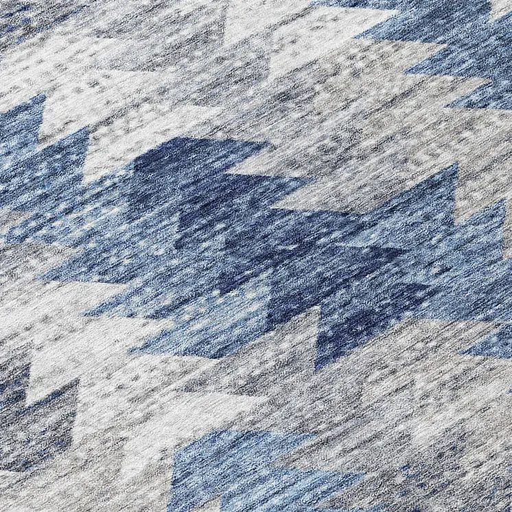 8' Navy Blue And Sky Blue Round Geometric Washable Indoor Outdoor Area Rug