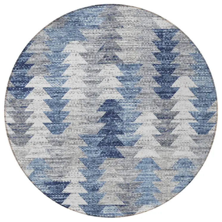 8' Navy Blue And Sky Blue Round Geometric Washable Indoor Outdoor Area Rug