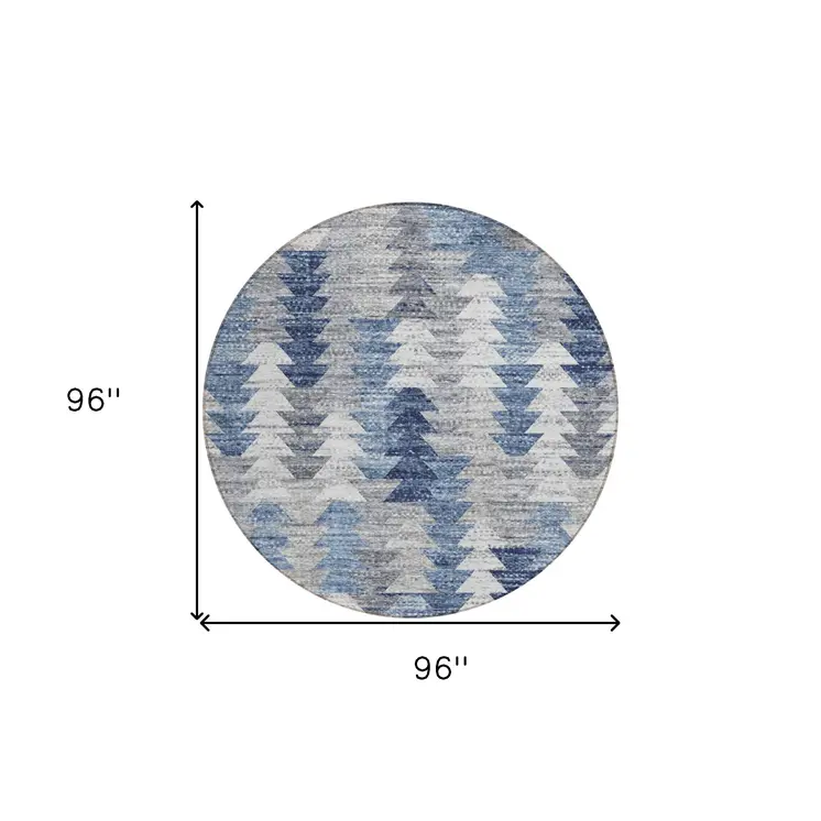 8' Navy Blue And Sky Blue Round Geometric Washable Indoor Outdoor Area Rug
