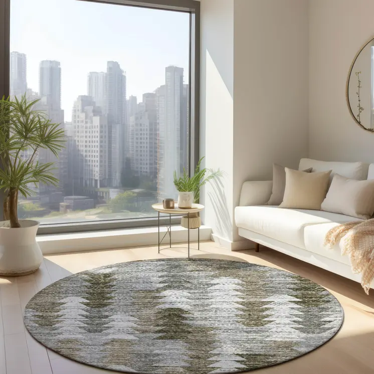 8' Brown Beige And Gray Round Geometric Washable Indoor Outdoor Area Rug