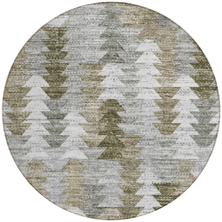 8' Brown Beige And Gray Round Geometric Washable Indoor Outdoor Area Rug