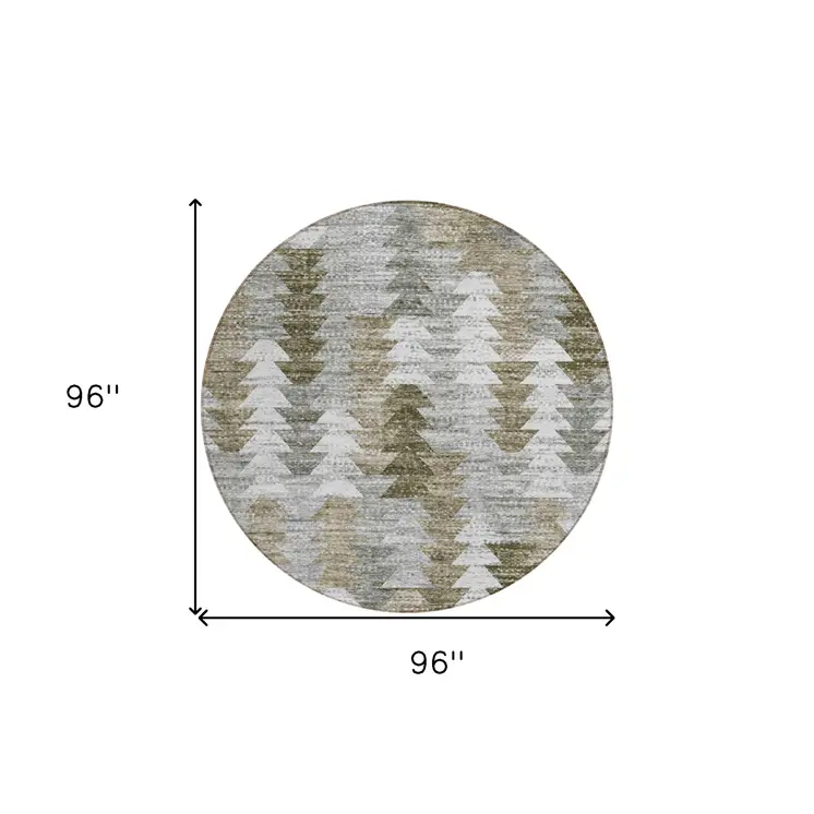 8' Brown Beige And Gray Round Geometric Washable Indoor Outdoor Area Rug