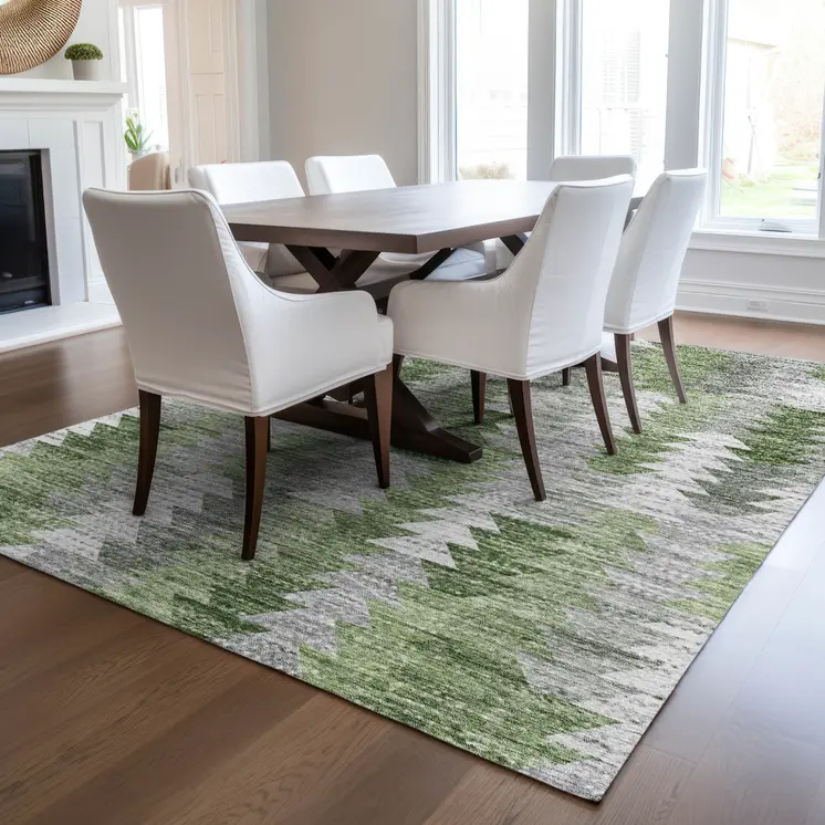 5' X 8' Green And Fern Green Geometric Washable Indoor Outdoor Area Rug