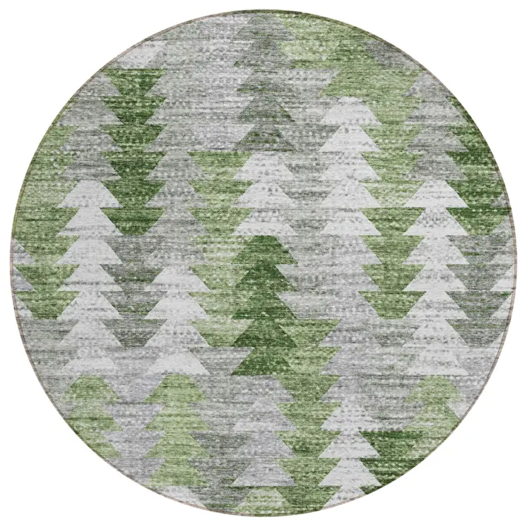 8' Green And Fern Green Round Geometric Washable Indoor Outdoor Area Rug