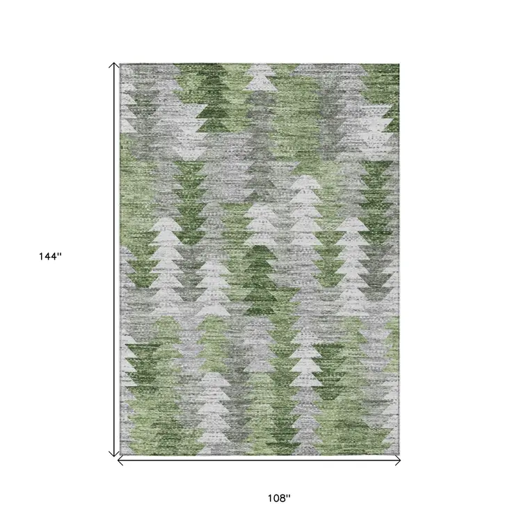 9' X 12' Green And Fern Green Geometric Washable Indoor Outdoor Area Rug