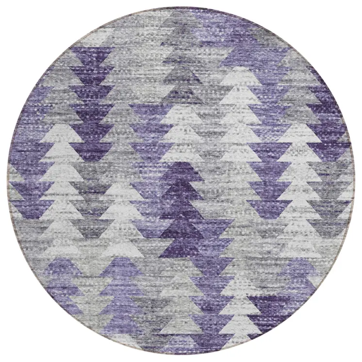 8' Purple Lavender And Gray Round Geometric Washable Indoor Outdoor Area Rug