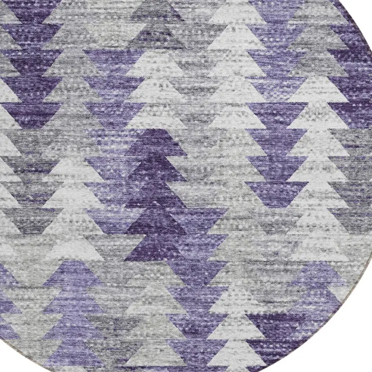 8' Purple Lavender And Gray Round Geometric Washable Indoor Outdoor Area Rug