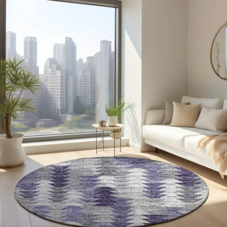 8' Purple Lavender And Gray Round Geometric Washable Indoor Outdoor Area Rug