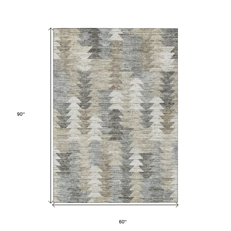 5' X 8' Taupe Beige And Tan Geometric Washable Indoor Outdoor Area Rug