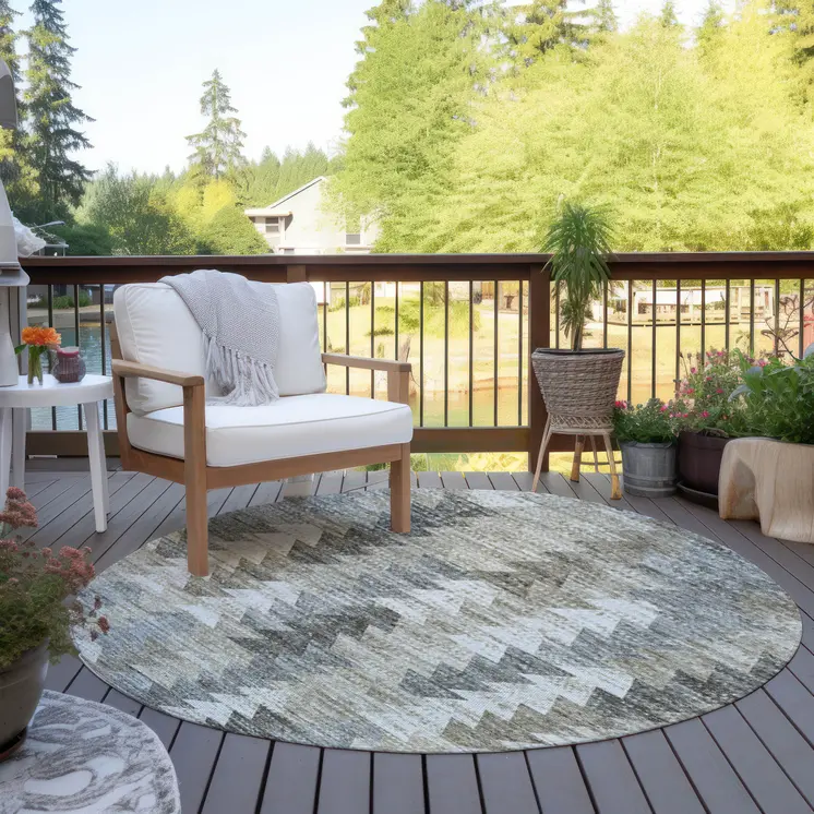 8' Taupe Beige And Tan Round Geometric Washable Indoor Outdoor Area Rug