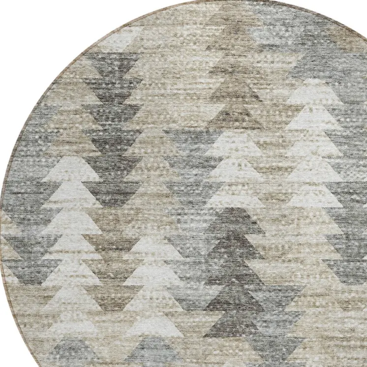 8' Taupe Beige And Tan Round Geometric Washable Indoor Outdoor Area Rug
