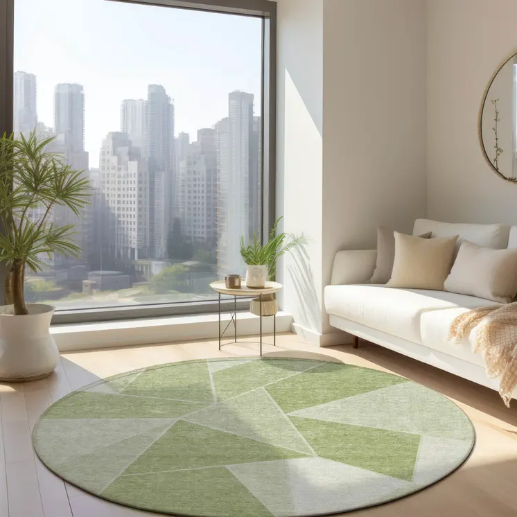 8' Artichoke Green Mint Green And Sage Round Geometric Washable Indoor Outdoor Area Rug