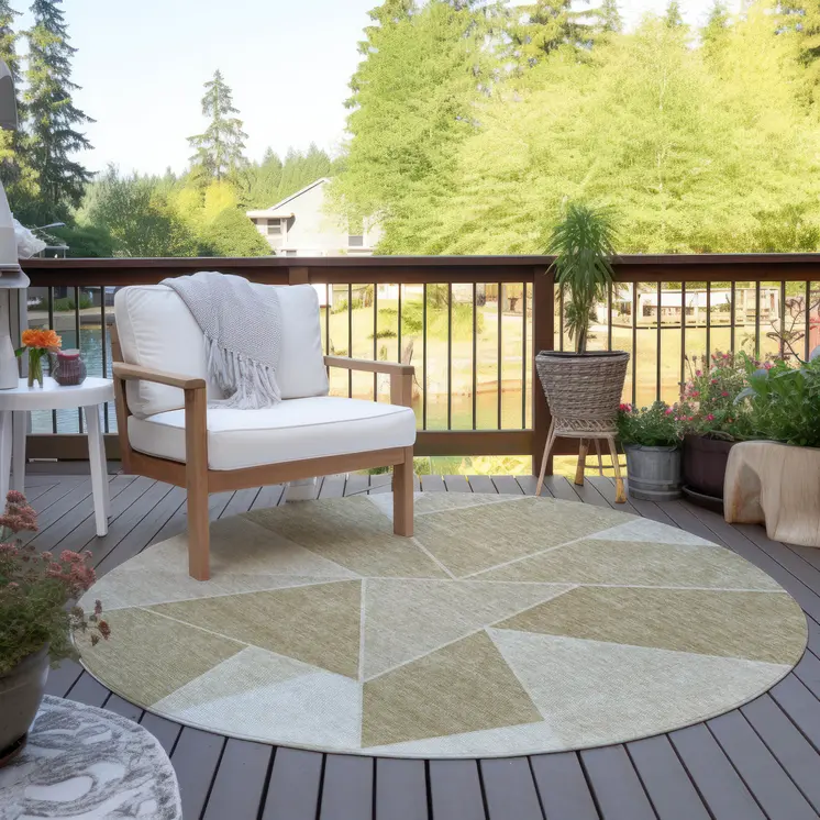 8' Beige Tan And Ivory Round Geometric Washable Indoor Outdoor Area Rug