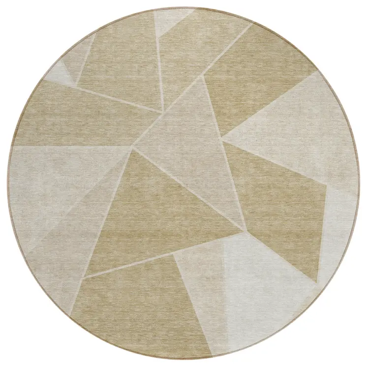 8' Beige Tan And Ivory Round Geometric Washable Indoor Outdoor Area Rug