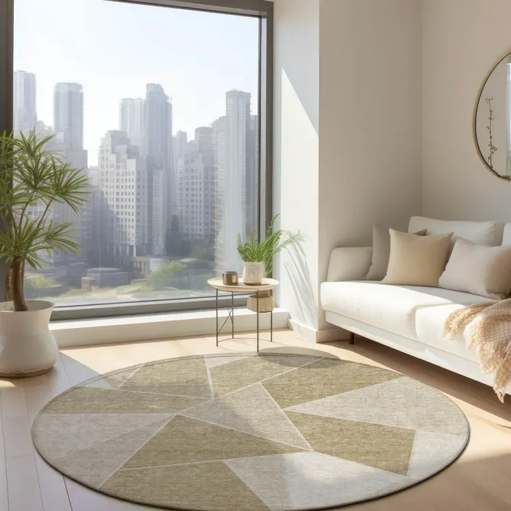 8' Beige Tan And Ivory Round Geometric Washable Indoor Outdoor Area Rug