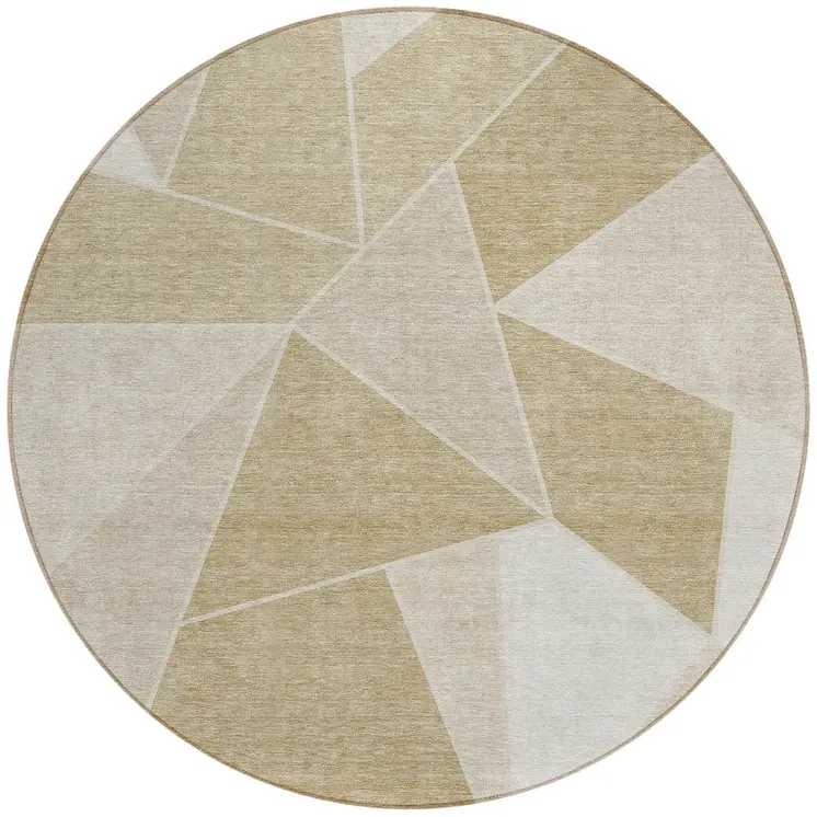 8' Beige Tan And Ivory Round Geometric Washable Indoor Outdoor Area Rug