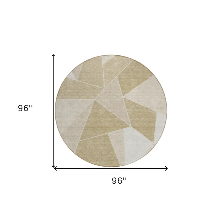 8' Beige Tan And Ivory Round Geometric Washable Indoor Outdoor Area Rug