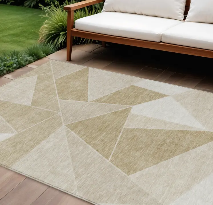 8' X 10' Beige Tan And Ivory Geometric Washable Indoor Outdoor Area Rug