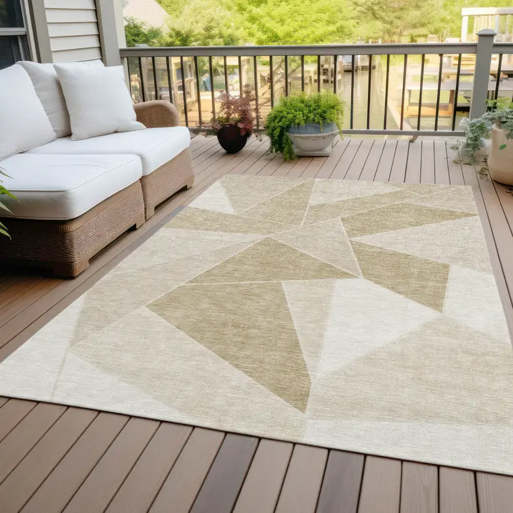 8' X 10' Beige Tan And Ivory Geometric Washable Indoor Outdoor Area Rug