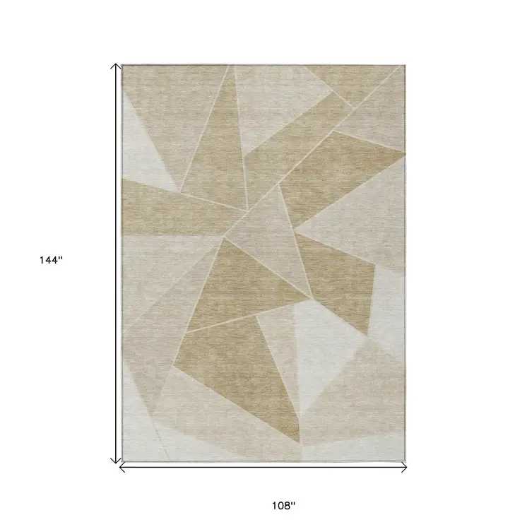 9' X 12' Beige Tan And Ivory Geometric Washable Indoor Outdoor Area Rug