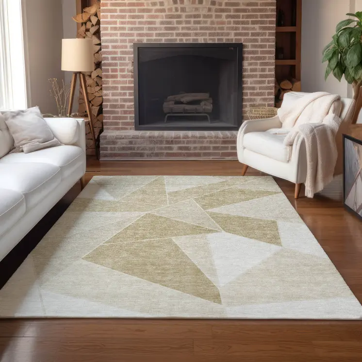 9' X 12' Beige Tan And Ivory Geometric Washable Indoor Outdoor Area Rug