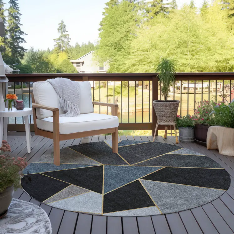8' Blue Charcoal And Gray Round Geometric Washable Indoor Outdoor Area Rug