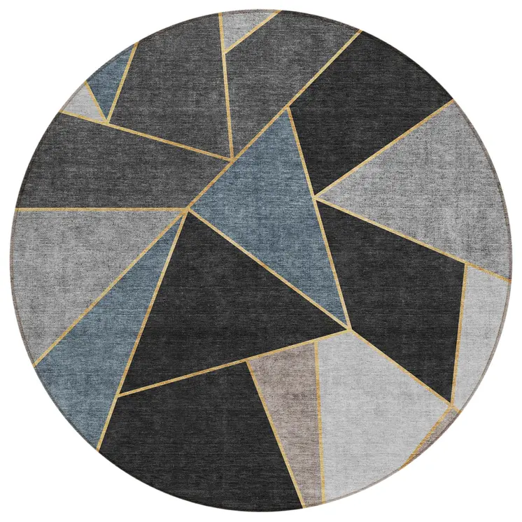 8' Blue Charcoal And Gray Round Geometric Washable Indoor Outdoor Area Rug